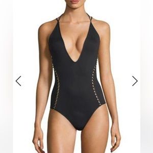 NWT Jonathan Simkhai Black Studded Front Lace Up Back One Piece Swimsuit Size XS